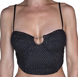 Cute Black Rhinestone Crop Top W Heart Metal Center Piece Size S